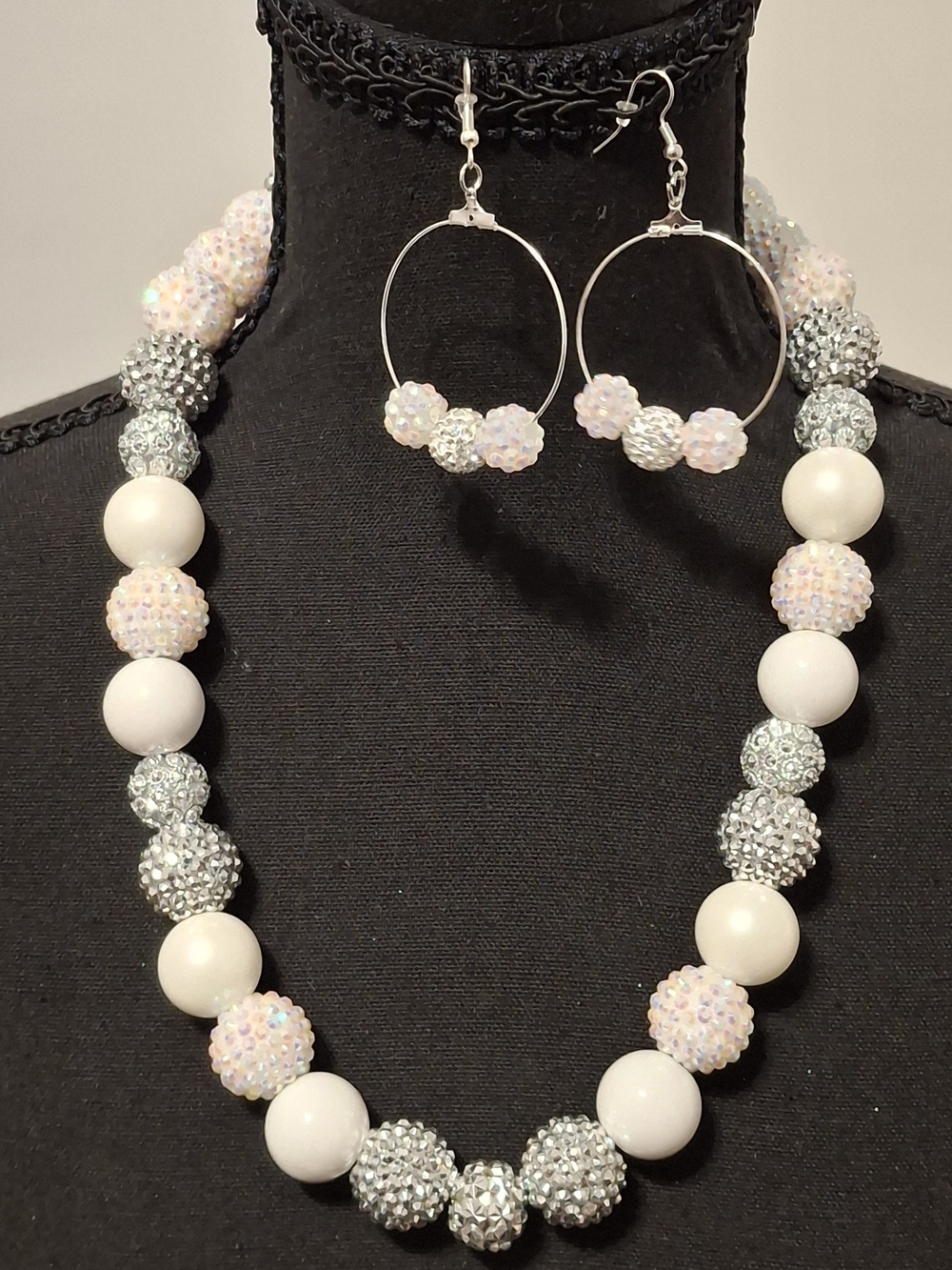 Handmade White and Silver Beaded Necklace with Matching Hoop Earrings